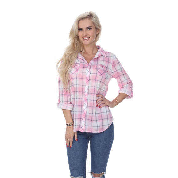 Flannel Plaid Button Shirt Pink & White 17555-03 - Picture 7 of 8